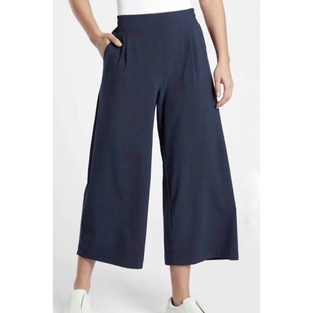 Athleta Brooklyn Wide Leg Crop Pants Navy Blue 16T Tall High Rise Pleated